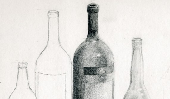 Still life drawing illustration of simple shapes and bottles