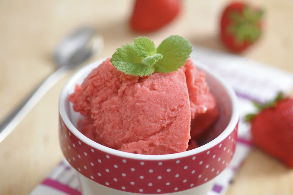 Italian: Ricotta Ravioli, Mixed Green Salad, Strawberry Sorbet