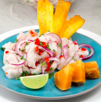 Peruvian: Ceviche, Grilled chicken w/ Salsa Verde, Yuca Fries, Suspiro a La Limeña