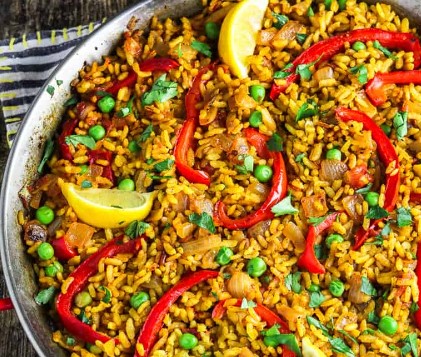 Spanish: Vegetarian Paella, Beet and Arugula Salad, Sangria Poached Pears