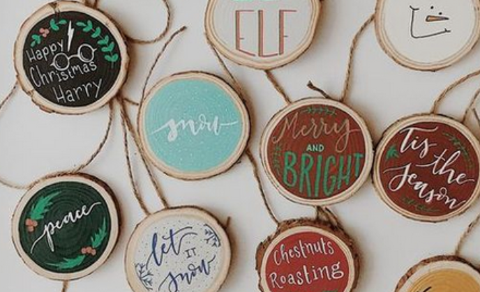 Hand Lettering Painted Wooden Ornaments