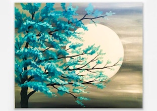 Virtual Paint Nite Teal Tree In Moonlight Ages 18 Painting Classes Chicago Coursehorse Yaymaker