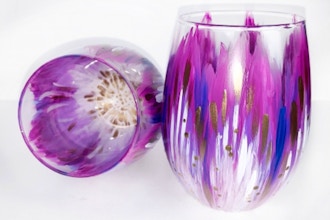 Paint Nite: Purple & Gold Flower Stemless Wine Glasses