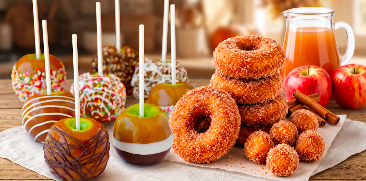 Kid’s Apple Cider Doughnuts with hot apple cider & caramel apples